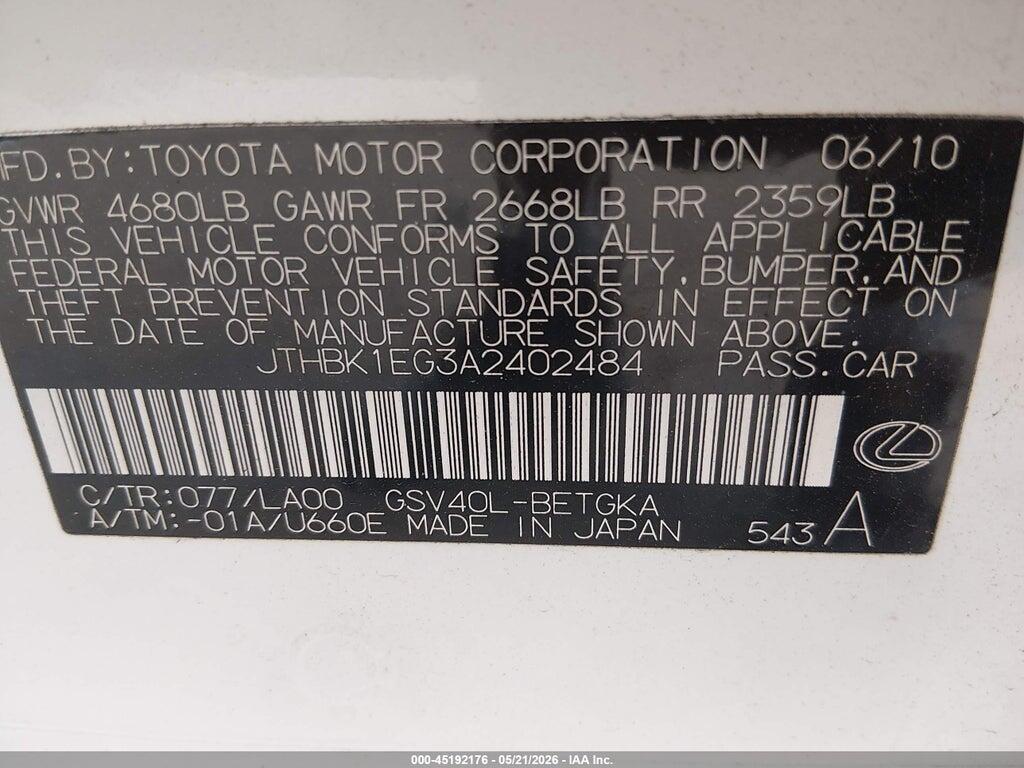 JTHBK1EG3A2402484 2010 LEXUS ES 350 photo no. 9