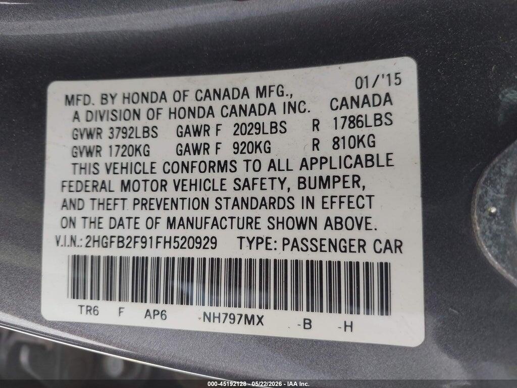 2HGFB2F91FH520929 2015 HONDA CIVIC photo no. 9