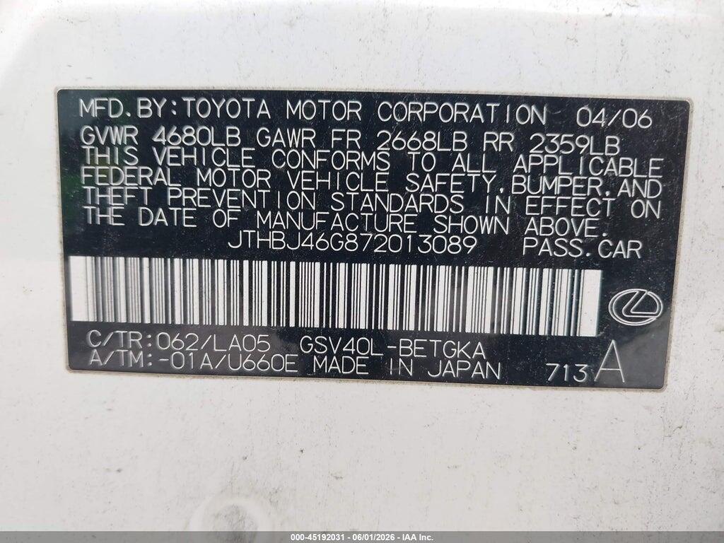 JTHBJ46G872013089 2007 LEXUS ES 350 photo no. 9