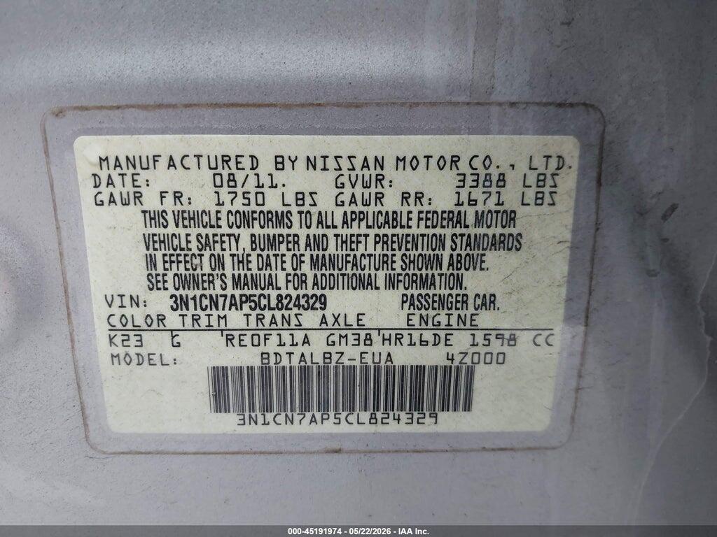 3N1CN7AP5CL824329 2012 NISSAN VERSA photo no. 9