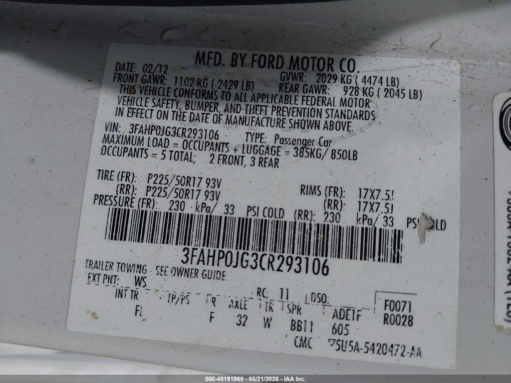 3FAHP0JG3CR293106 2012 FORD FUSION photo no. 9