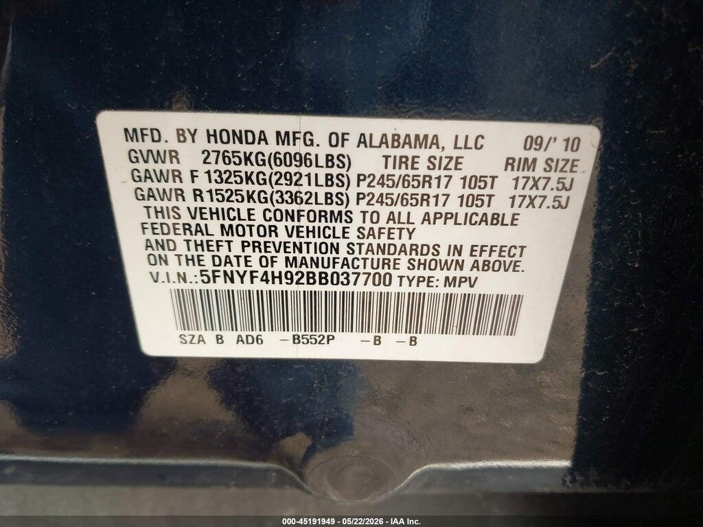 5FNYF4H92BB037700 2011 HONDA PILOT photo no. 9
