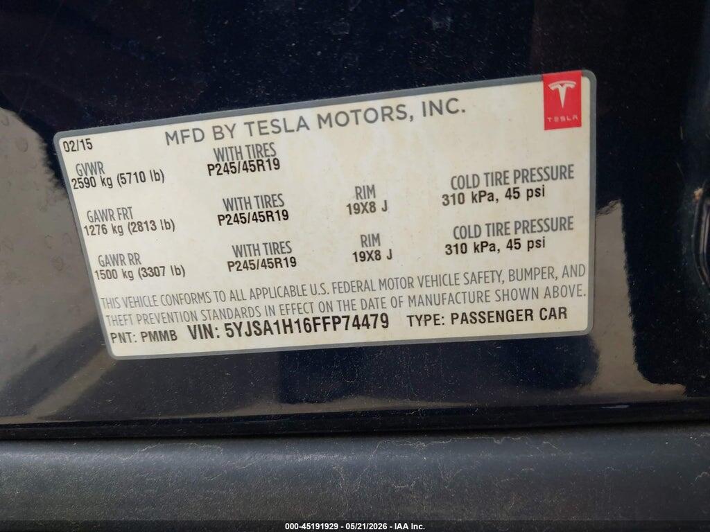5YJSA1H16FFP74479 2015 TESLA MODEL S photo no. 9