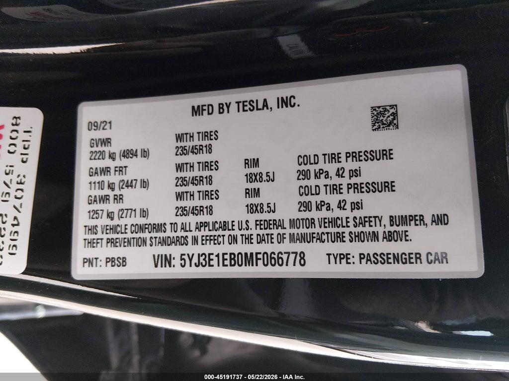 5YJ3E1EB0MF066778 2021 TESLA MODEL 3 photo no. 9