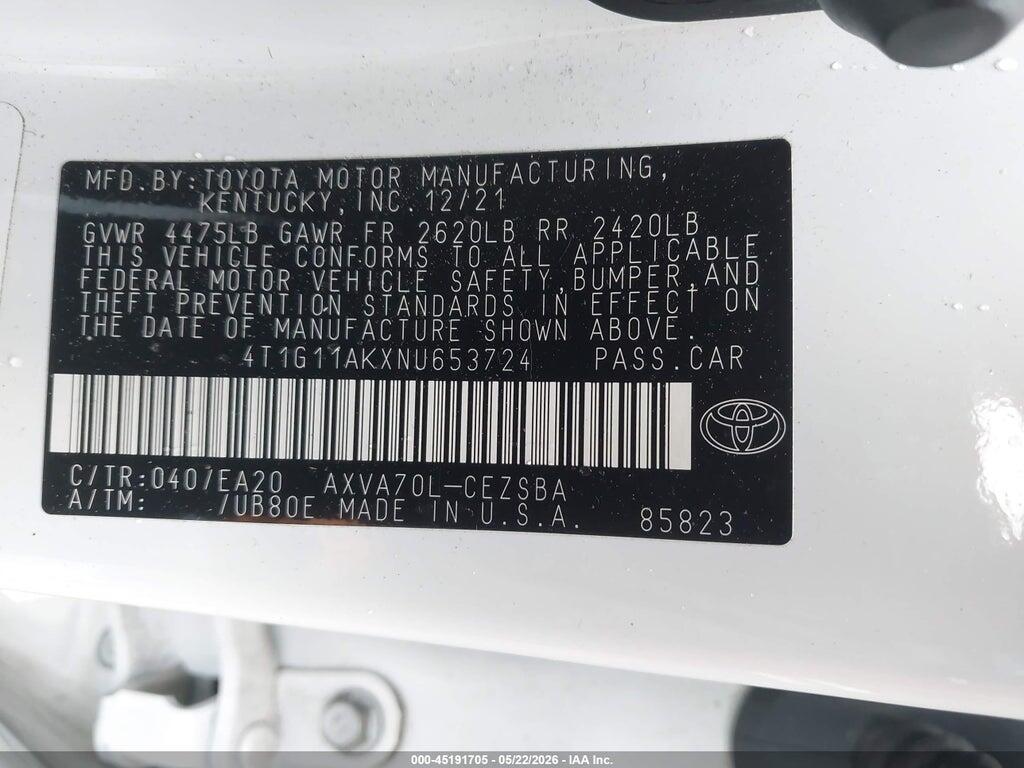 4T1G11AKXNU653724 2022 TOYOTA CAMRY photo no. 9