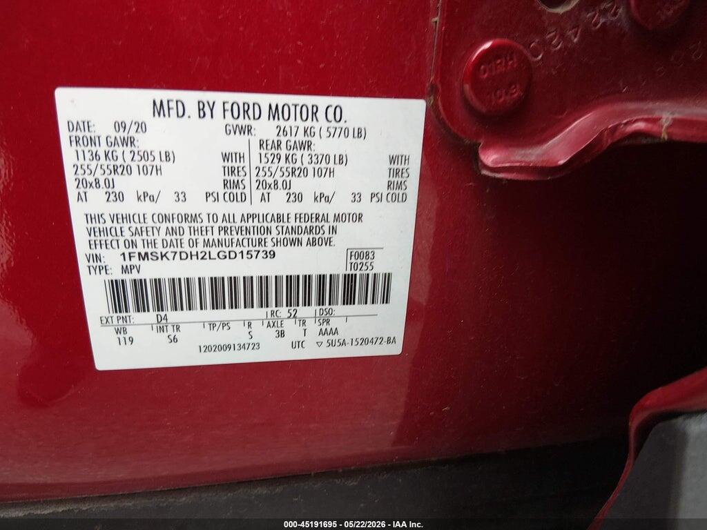 1FMSK7DH2LGD15739 2020 FORD EXPLORER photo no. 9