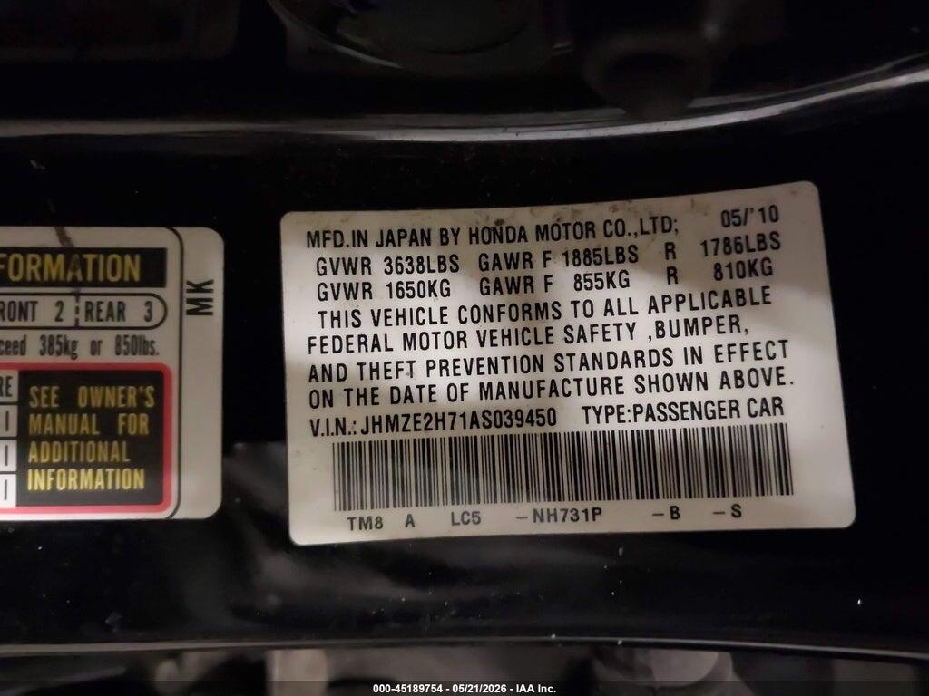 JHMZE2H71AS039450 2010 HONDA INSIGHT photo no. 9