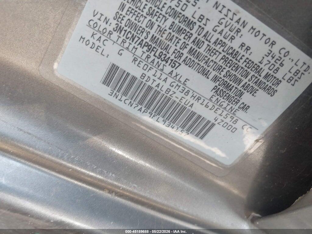 3N1CN7AP9FL934157 2015 NISSAN VERSA photo no. 9