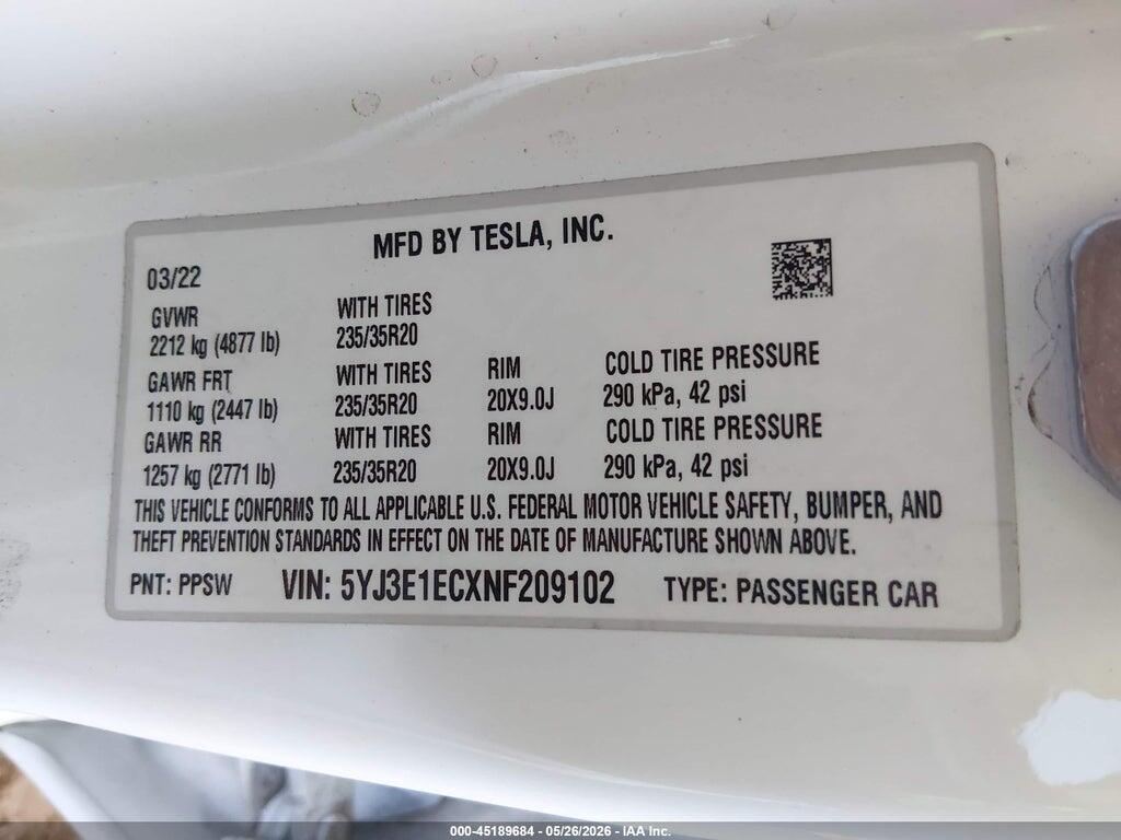 5YJ3E1ECXNF209102 2022 TESLA MODEL 3 photo no. 9