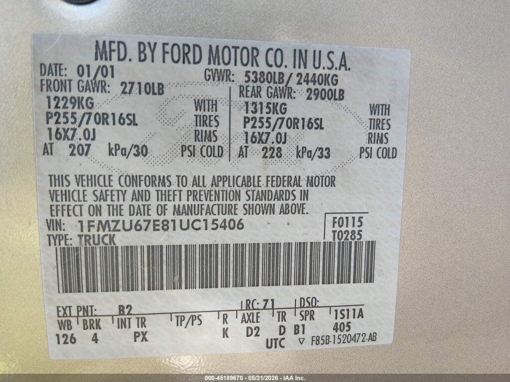 1FMZU67E81UC15406 2001 FORD EXPLORER SPORT TRAC photo no. 9