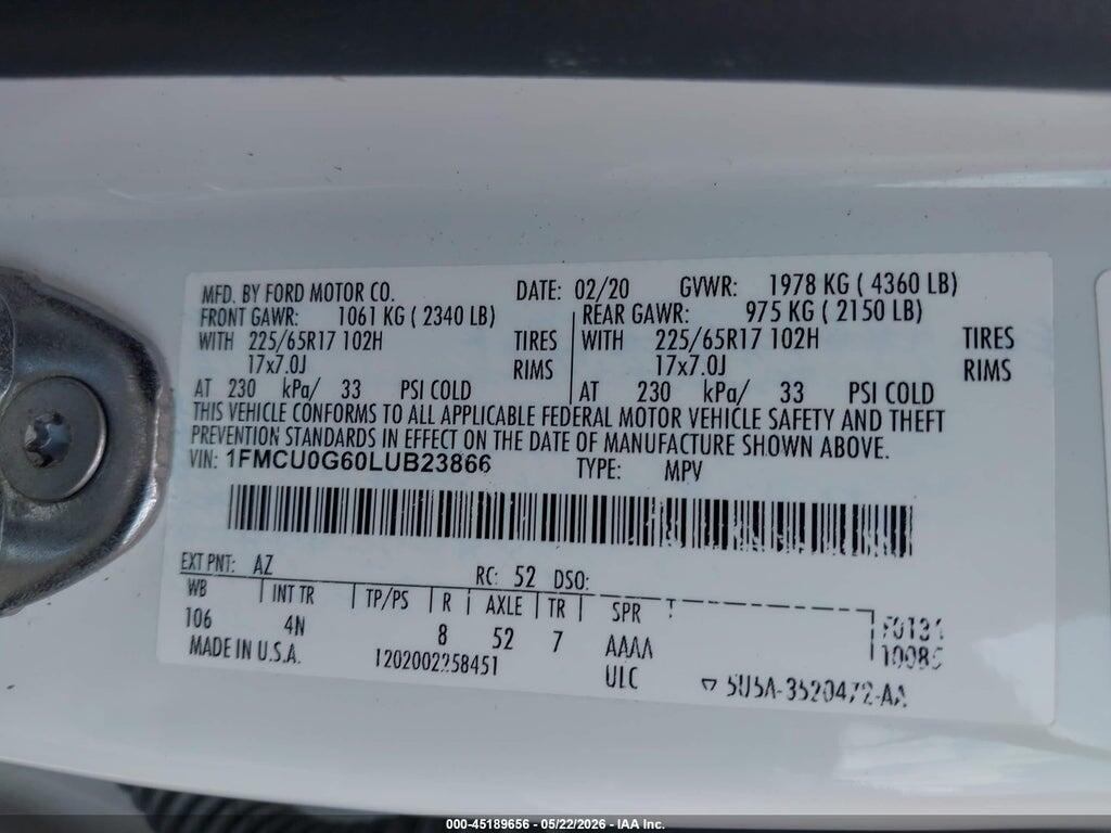 1FMCU0G60LUB23866 2020 FORD ESCAPE photo no. 9