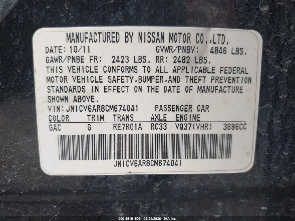 JN1CV6AR8CM674041 2012 INFINITI G37X photo no. 9