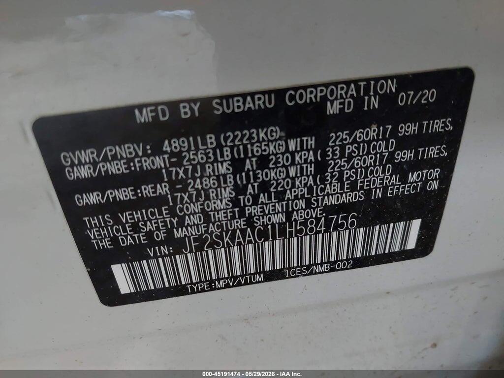 JF2SKAAC1LH584756 2020 SUBARU FORESTER photo no. 9