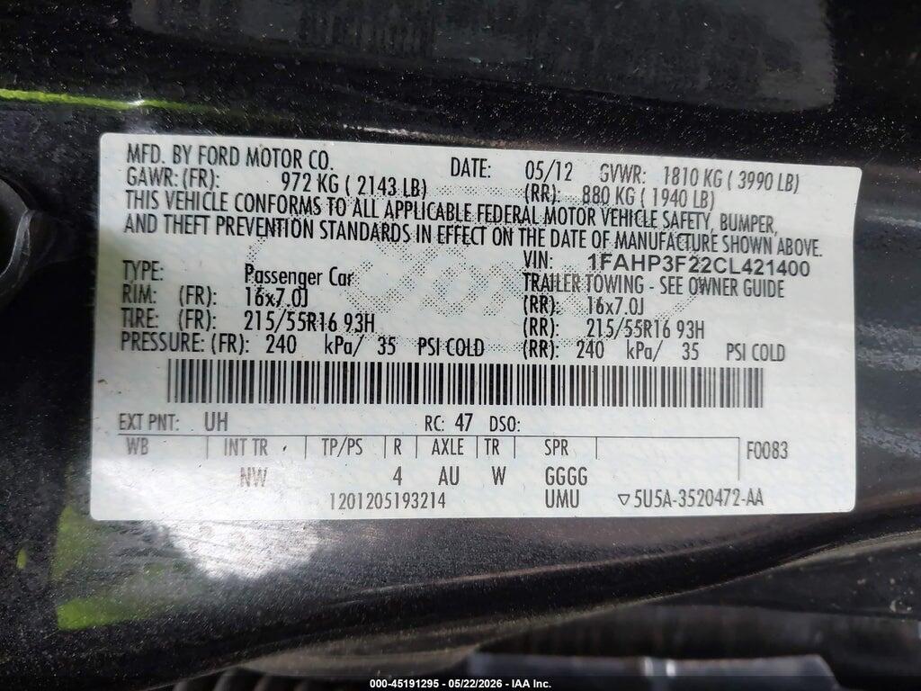 1FAHP3F22CL421400 2012 FORD FOCUS photo no. 9