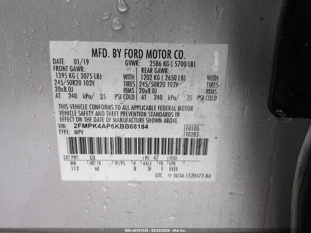 2FMPK4AP6KBB68184 2019 FORD EDGE photo no. 9