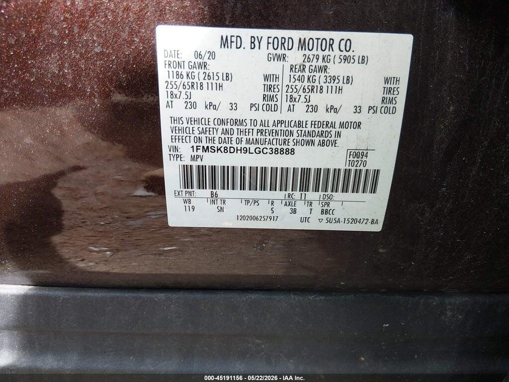 1FMSK8DH9LGC38888 2020 FORD EXPLORER photo no. 9