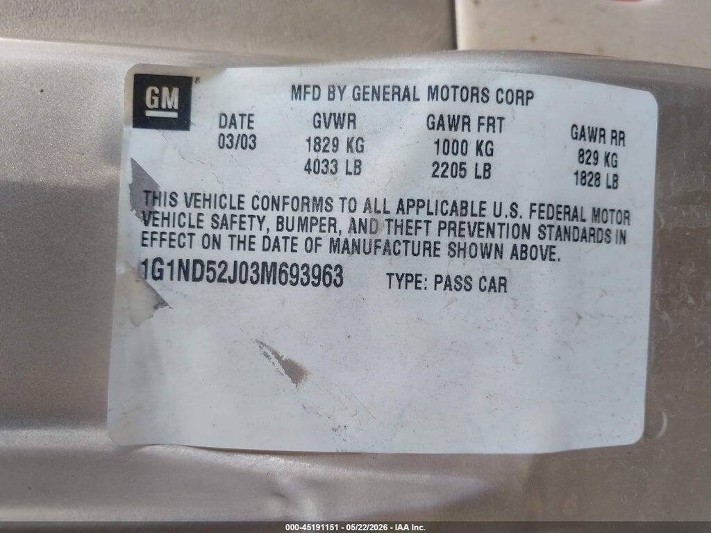 1G1ND52J03M693963 2003 CHEVROLET MALIBU photo no. 9