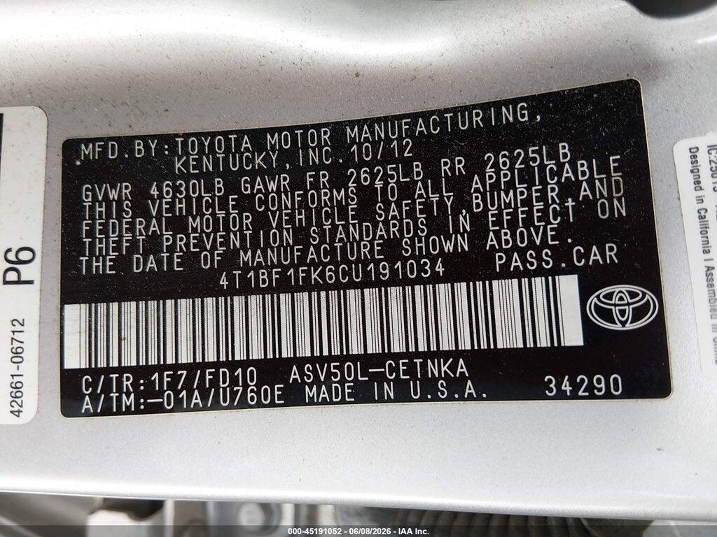 4T1BF1FK6CU191034 2012 TOYOTA CAMRY photo no. 9