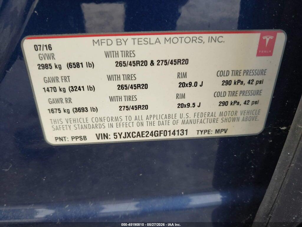 5YJXCAE24GF014131 2016 TESLA MODEL X photo no. 9