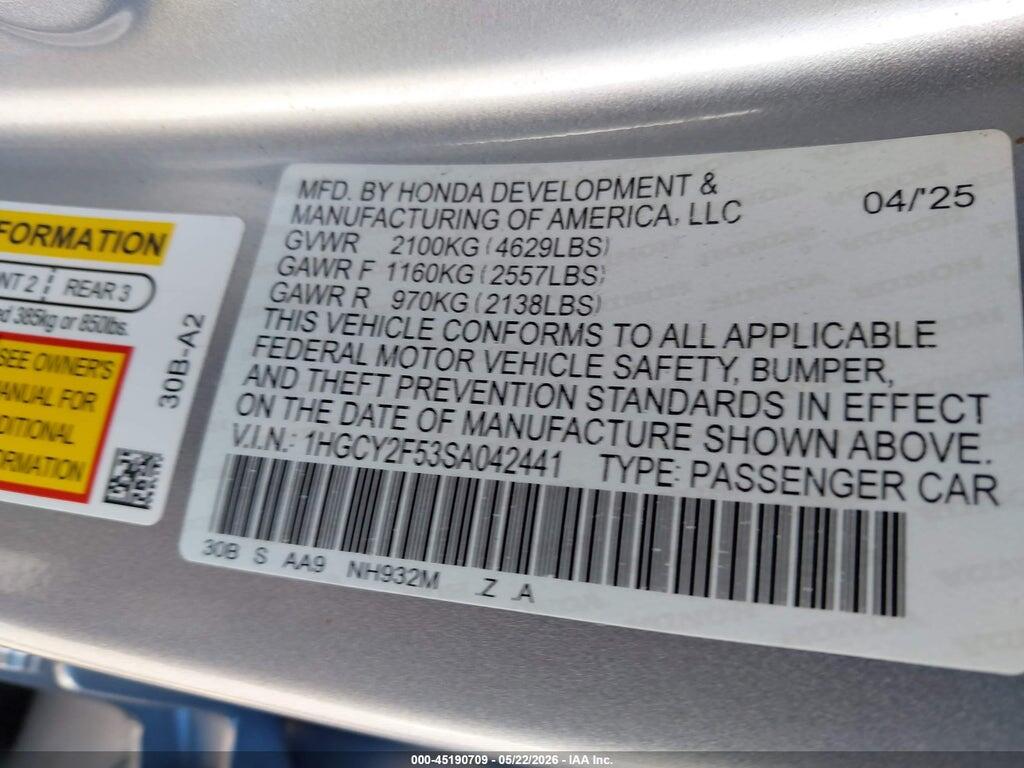 1HGCY2F53SA042441 2025 HONDA ACCORD HYBRID photo no. 9