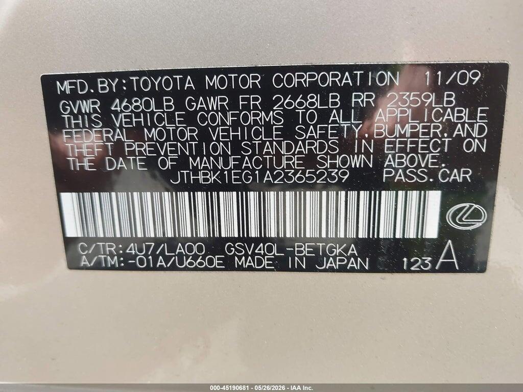 JTHBK1EG1A2365239 2010 LEXUS ES 350 photo no. 9