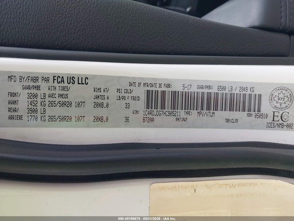 1C4RDJDG7HC905211 2017 DODGE DURANGO photo no. 9