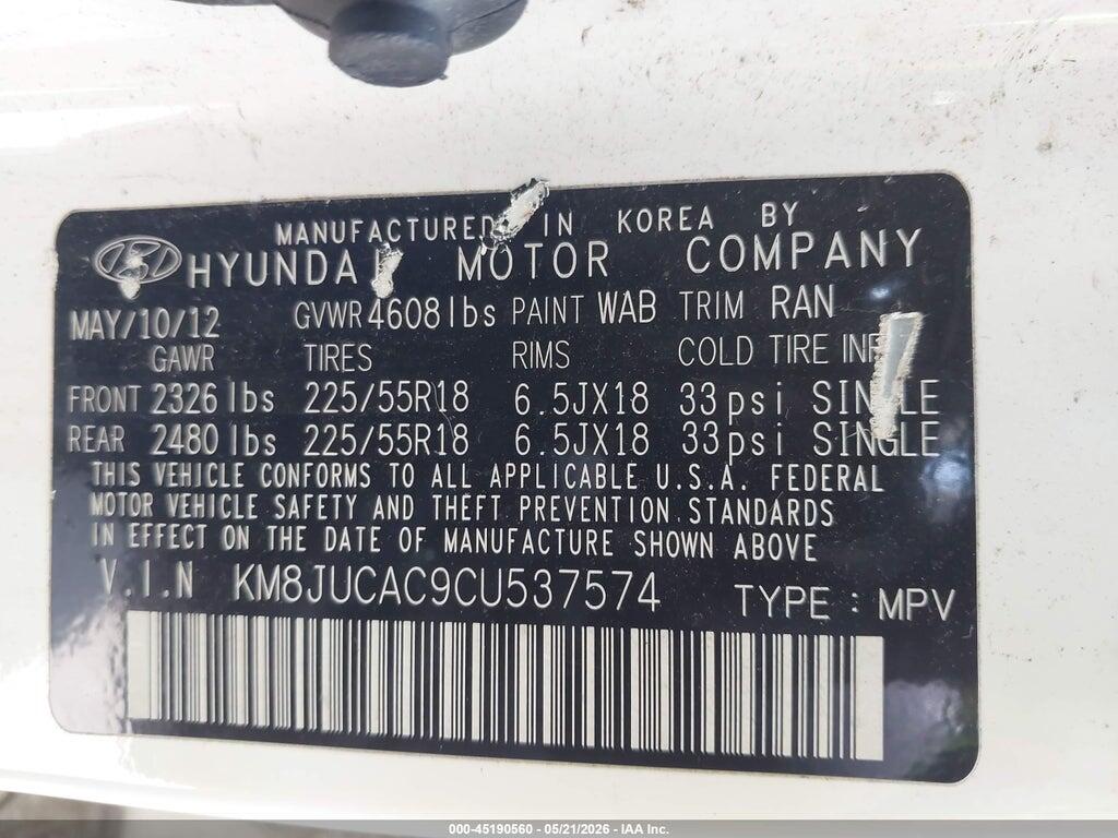 KM8JUCAC9CU537574 2012 HYUNDAI TUCSON photo no. 9