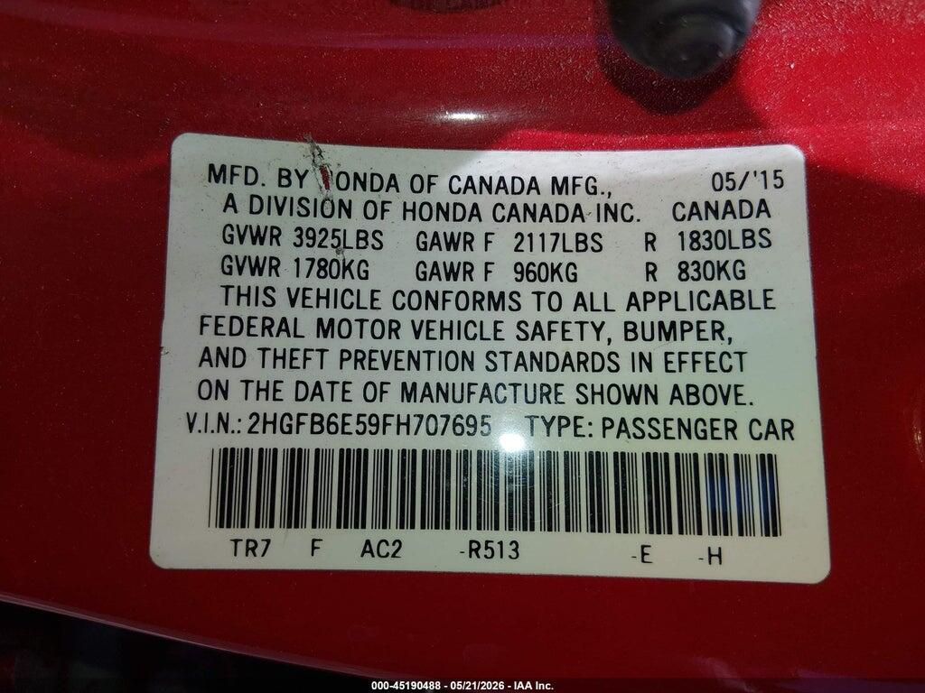 2HGFB6E59FH707695 2015 HONDA CIVIC photo no. 9