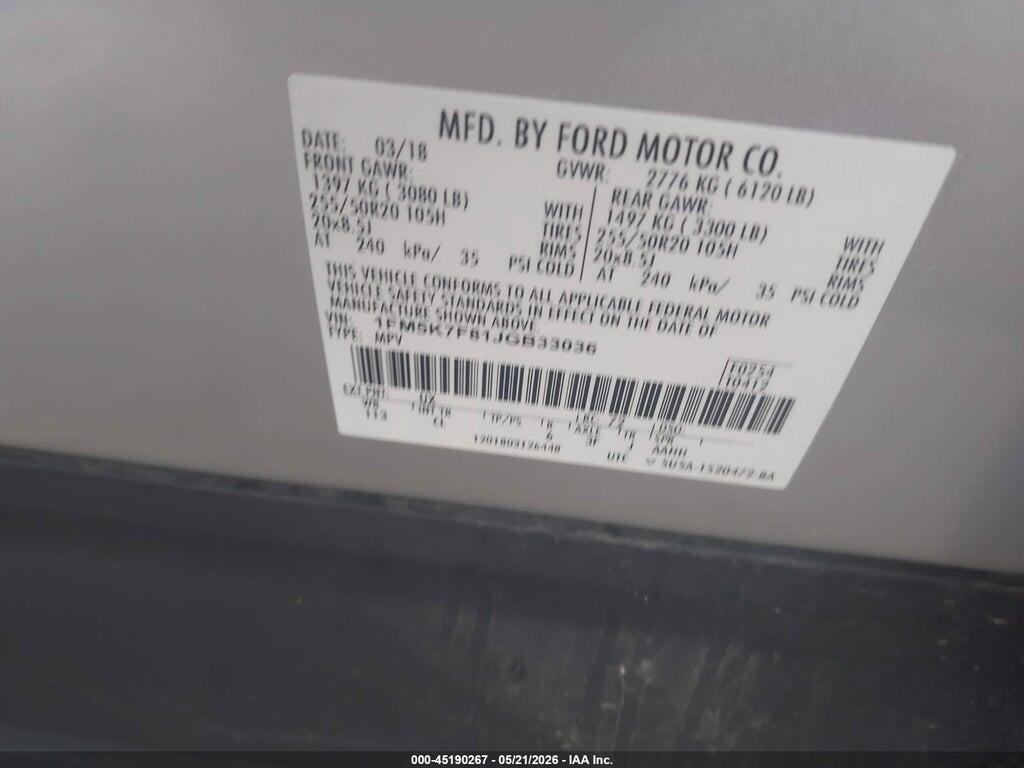 1FM5K7F81JGB33036 2018 FORD EXPLORER photo no. 9