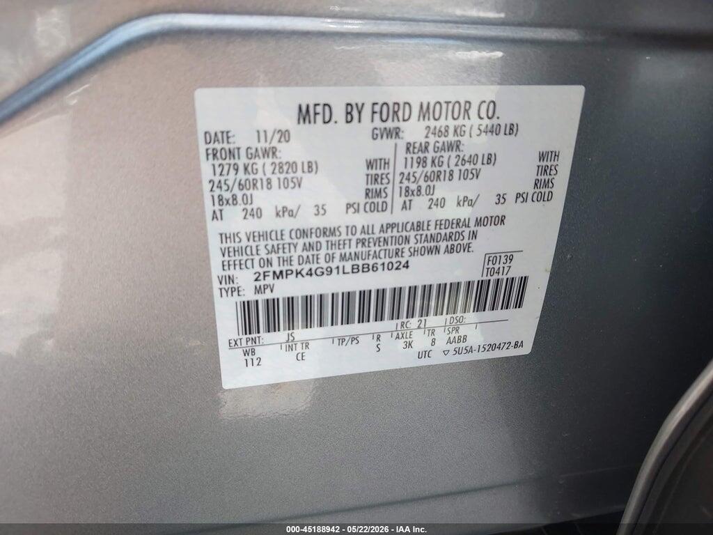 2FMPK4G91LBB61024 2020 FORD EDGE photo no. 9