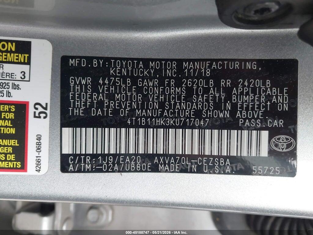 4T1B11HK3KU717047 2019 TOYOTA CAMRY photo no. 9