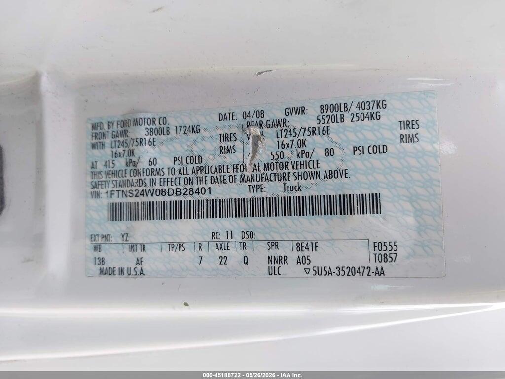 1FTNS24W08DB28401 2008 FORD E-250 photo no. 9