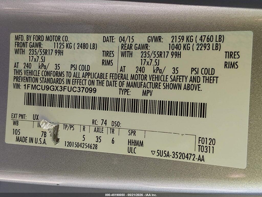 1FMCU9GX3FUC37099 2015 FORD ESCAPE photo no. 9
