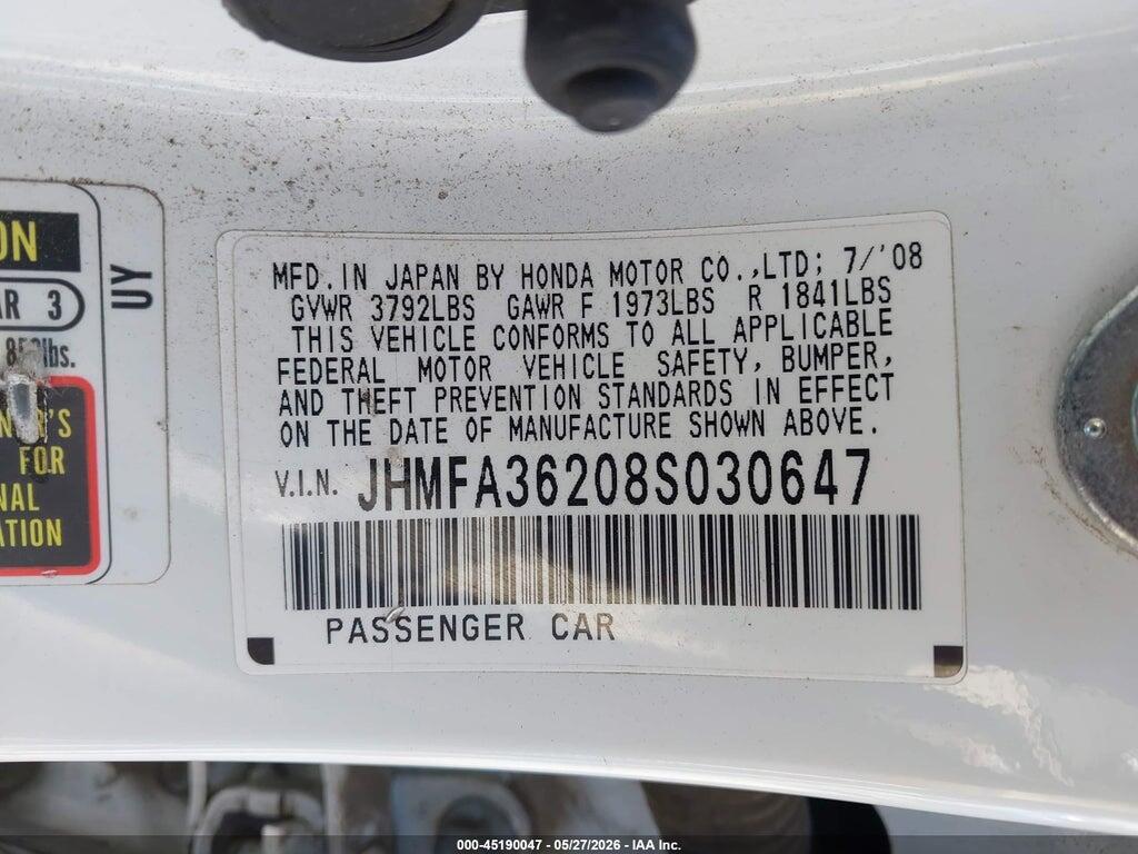 JHMFA36208S030647 2008 HONDA CIVIC HYBRID photo no. 9