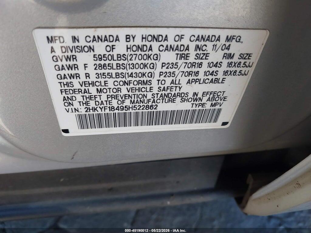 2HKYF18495H522862 2005 HONDA PILOT photo no. 9