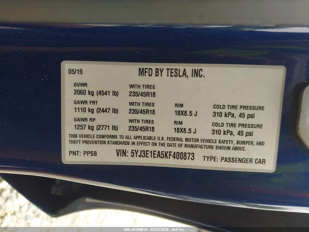 5YJ3E1EA5KF400873 2019 TESLA MODEL 3 photo no. 9