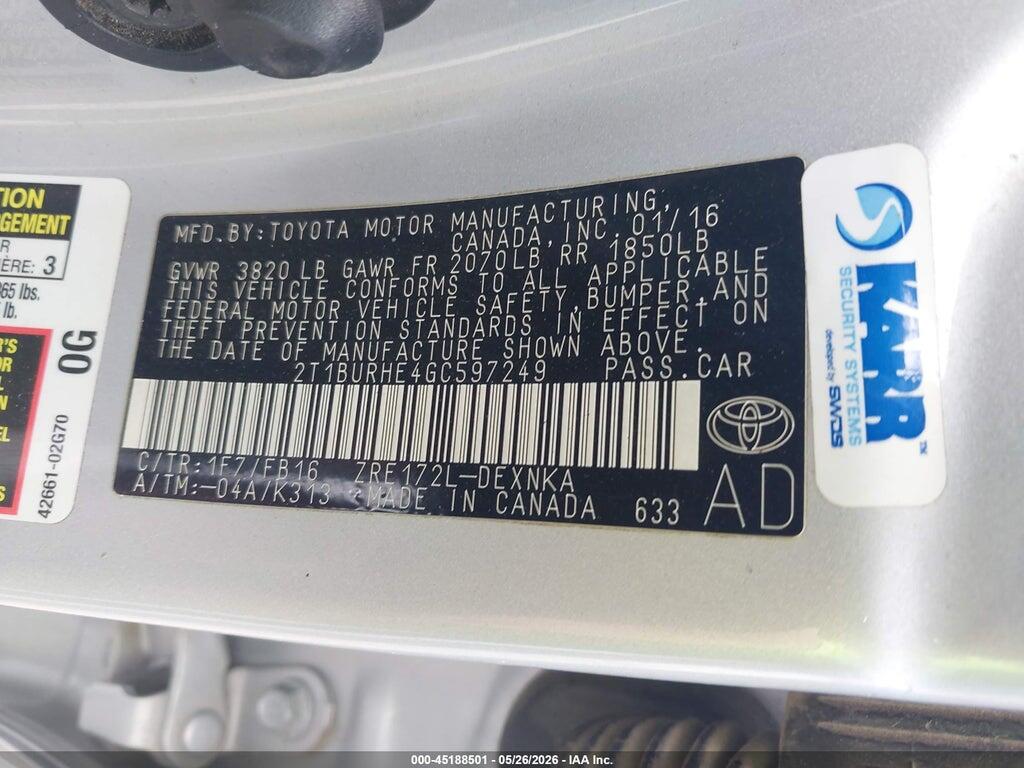 2T1BURHE4GC597249 2016 TOYOTA COROLLA photo no. 9