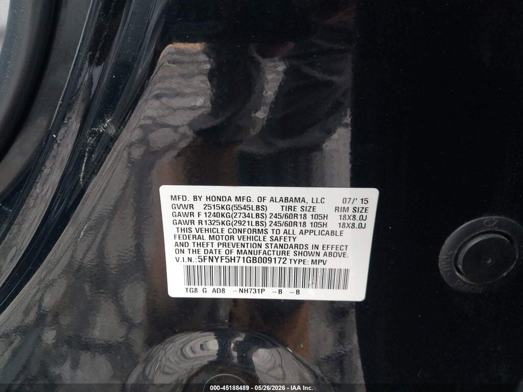 5FNYF5H71GB009172 2016 HONDA PILOT photo no. 9