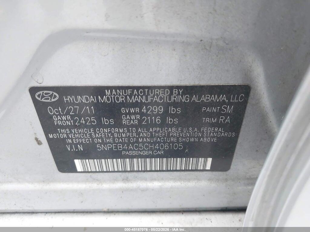 5NPEB4AC5CH406105 2012 HYUNDAI SONATA photo no. 9