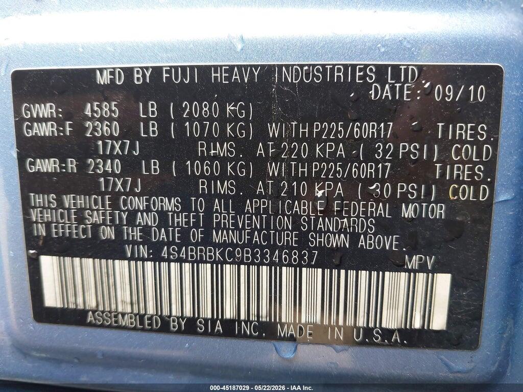 4S4BRBKC9B3346837 2011 SUBARU OUTBACK photo no. 9