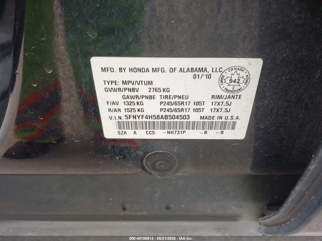 5FNYF4H58AB504503 2010 HONDA PILOT photo no. 9
