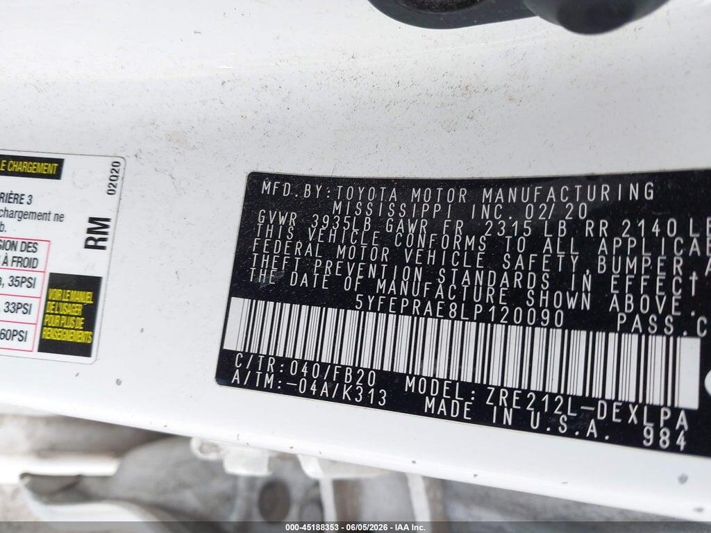 5YFEPRAE8LP120090 2020 TOYOTA COROLLA photo no. 9