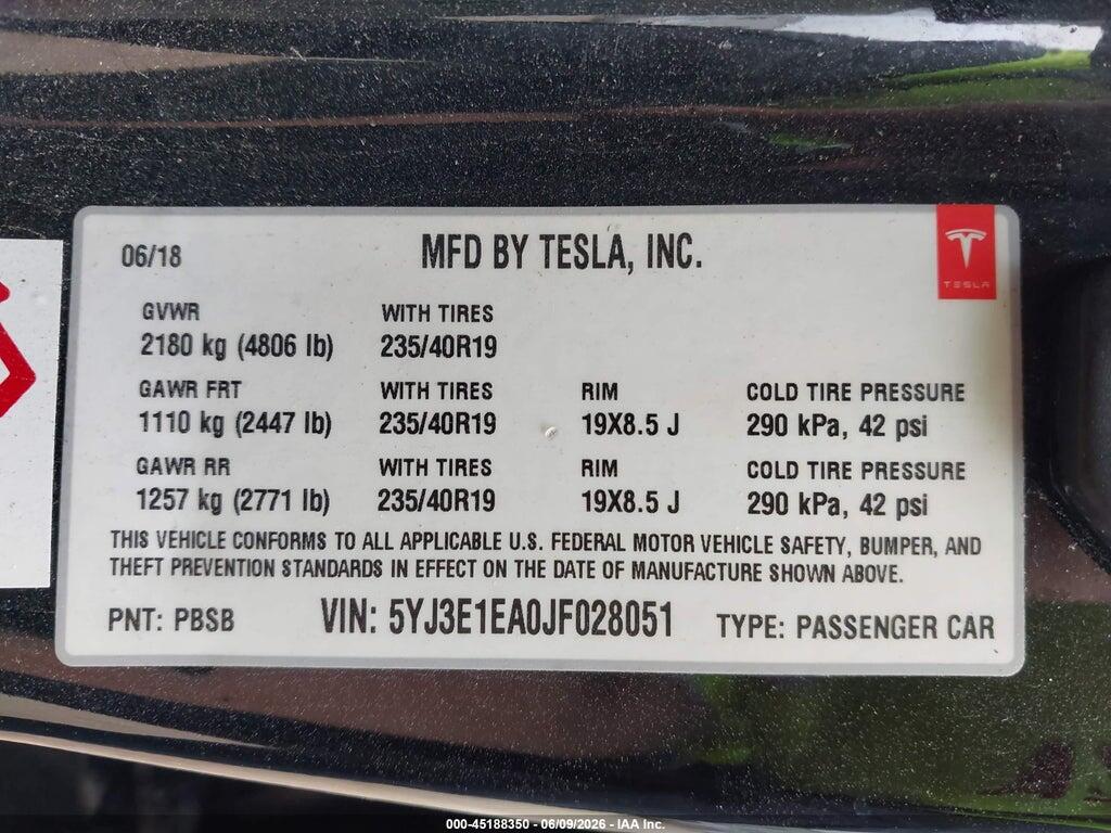 5YJ3E1EA0JF028051 2018 TESLA MODEL 3 photo no. 9