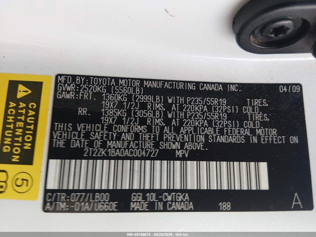 2T2ZK1BA0AC004727 2010 LEXUS RX 350 photo no. 9