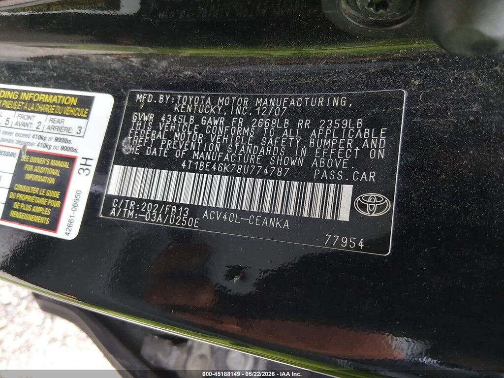 4T1BE46K78U774787 2008 TOYOTA CAMRY photo no. 9