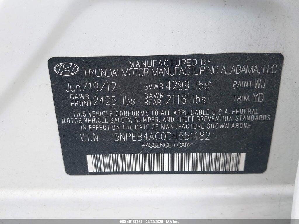 5NPEB4AC0DH551182 2013 HYUNDAI SONATA photo no. 9