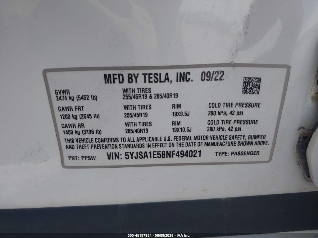 5YJSA1E58NF494021 2022 TESLA MODEL S photo no. 9