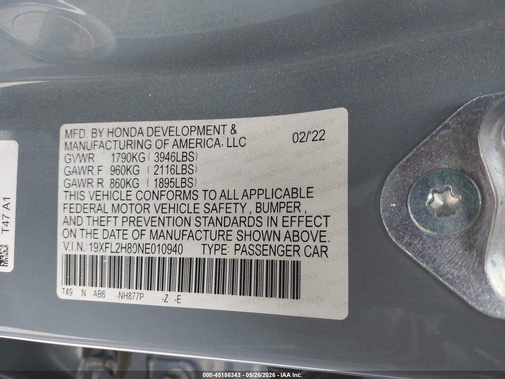 19XFL2H80NE010940 2022 HONDA CIVIC photo no. 9