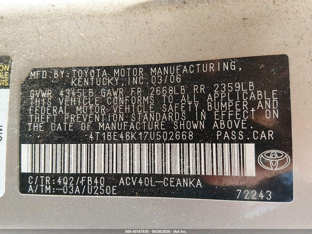 4T1BE46K17U502668 2007 TOYOTA CAMRY photo no. 9