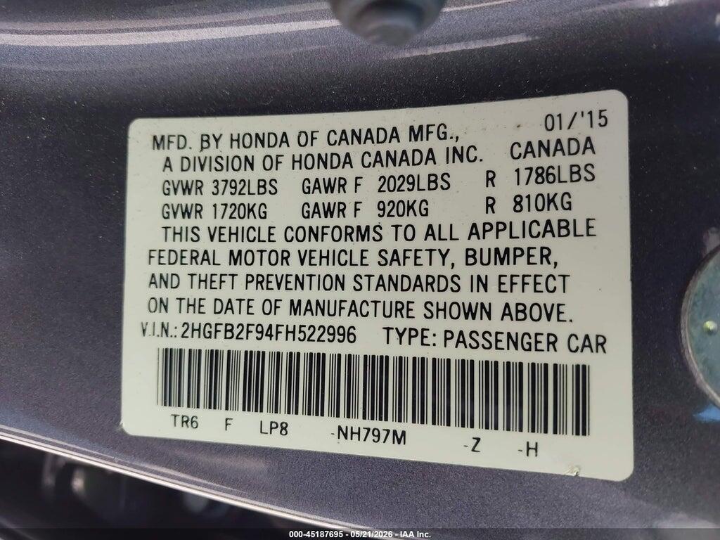 2HGFB2F94FH522996 2015 HONDA CIVIC photo no. 9